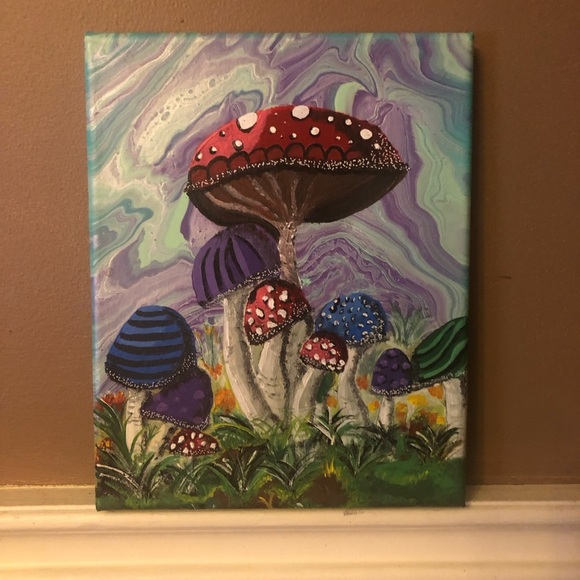 Colourful Patch of Mushrooms on an 8”x10” Painted Stretched Canvas w/ Acrylics. - Picture 3 of 6